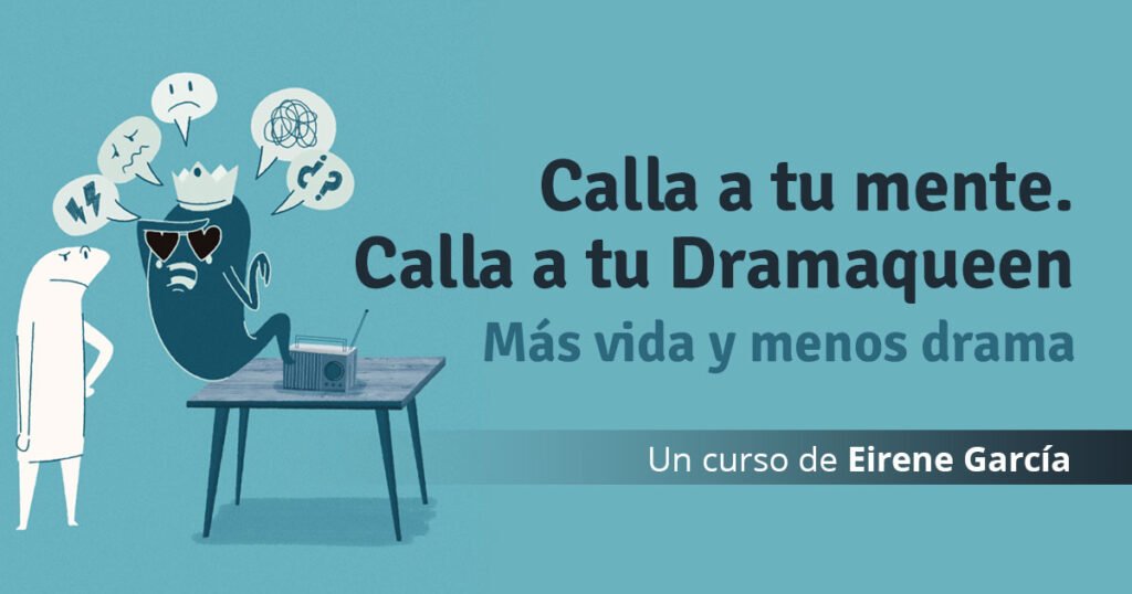 imagen con ilustraciones en un fondo azul del personaje el dramaqueen del curso online para calmar la ansiedad diseñado por la psicologa Eirene Garcia