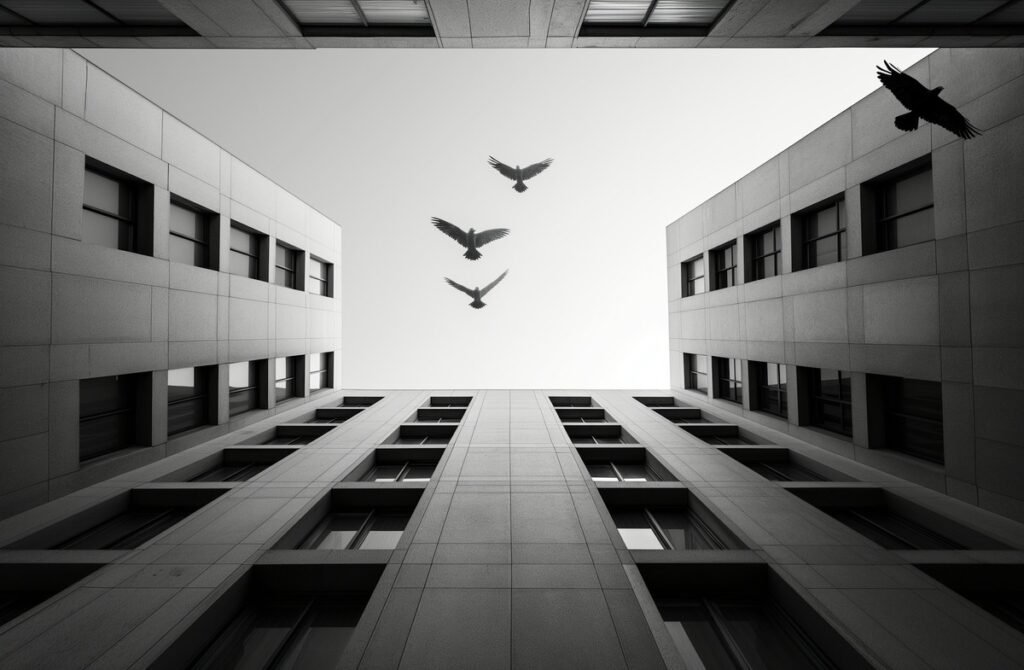 sindrome de estocolmo. parejos volando en una ciudad. blanco y negro