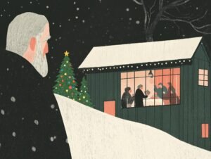 ilustracion de un hobre con barbar mirando una cabina con gente dentro celebrando navidad desde fuera en la nieve